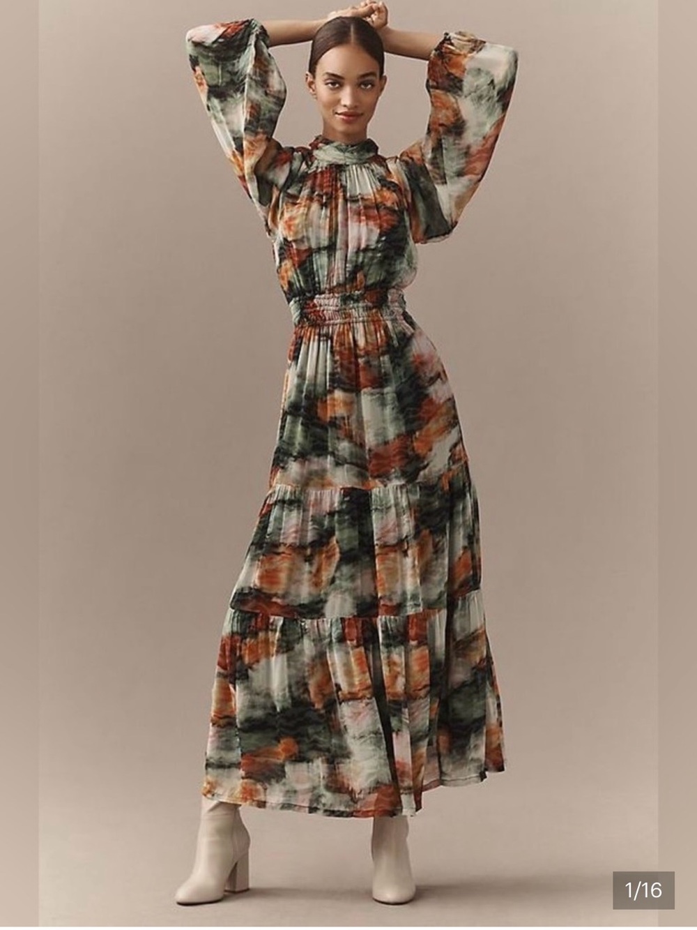 Smocked Waist Abstract Floral Maxi Dress in Green & Rust